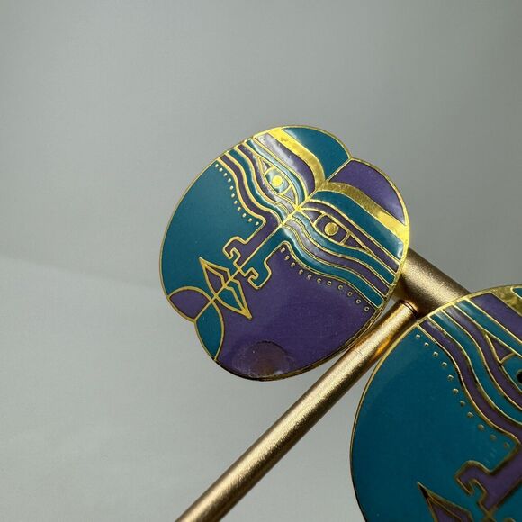 Laurel Burch Moon God Enamel Teal & purple Gold Tone Earrings - Picture 2 of 4